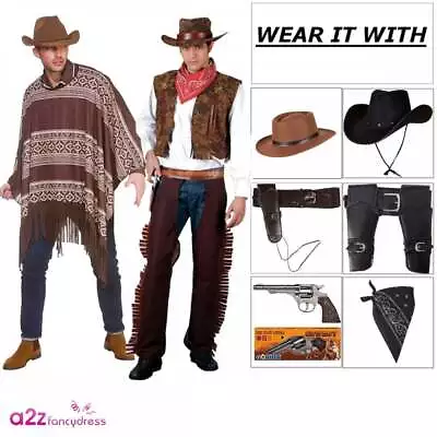 Western Cowboy Costume Poncho Holsters Die-Cast Metal Cap Guns Texan Hats • £28.99