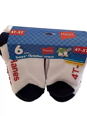 Hanes Boys' Size 4T 5T Crew Socks W/ Gripper Bottoms 6 Pair Pack • $9.99