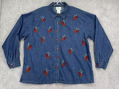 Quacker Factory Denim Shirt Women Extra Extra Large Beaded Cherries Sequins • $29.99