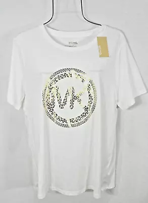 Michael Kors Womens T-Shirt L White Gold Chain MK Logo Top Blouse Pullover NWT • $38