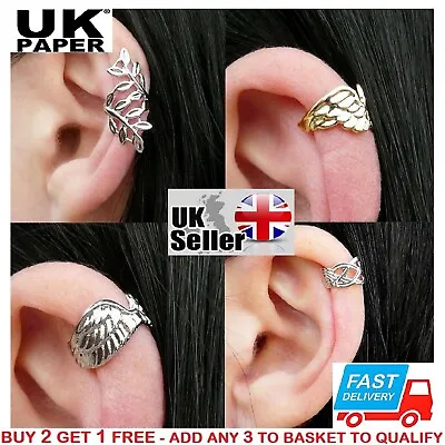 Uk New Silver / Gold Leaf Wing Ear Cuff Clip Wrap Earring Punk Stud Gothic Cross • £2.99