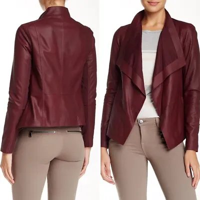VINCE Goat Leather Red Draped Open Front Jacket M Medium $1095 • $299.99