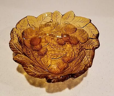 Vintage INDIANA GLASS Amber Loganberry Berries Leaves Bon Bon Candy Dish Bowl • $8.99