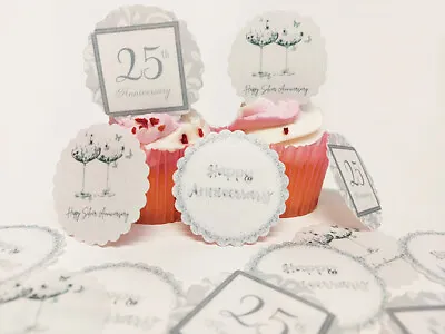15 PreCut Scalloped Edge Silver 25th Anniversary Edible Wafer Paper Cake Toppers • £2.49