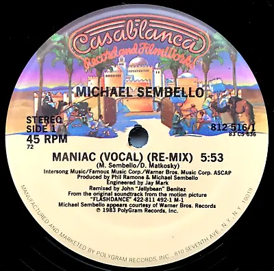 MICHAEL SEMBELLO  Maniac (Re-Mix)  12  Single 1983 Casablanca 812 516-1 VG++ /EX • $39.83