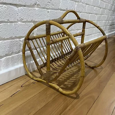 Vintage Pretzel End Cane Magazine Rack Bamboo Stand Shelves • $60