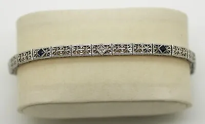 Vintage Art Deco 14k White Gold 0.27ct Diamond Sapphire Filigree Bracelet 6.25  • $690