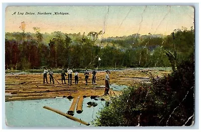 C1910 Log Drive Logging Trees River Northern Michigan Vintage Antique Postcard • $14.98