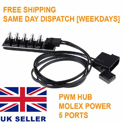 PWM PC Fan Hub 5 Way Port Splitter Speed Molex 4 Pin PSU Powered 100W 5x20 Watts • £6.99