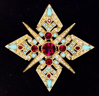 Coro Pegasus Signed Maltese Cross Brooch Pin Rhinestone W/ Faux Turquoise Pearl • $65.99