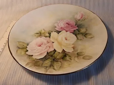 Porcelain Plate Hand Painted Flowers White/Pink Roses On Pale Green Background • £15