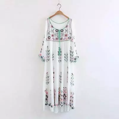 Women Hippie Mexican Floral Embroidered Deep V Neck BOHO Maxi DRESS  • $34.77