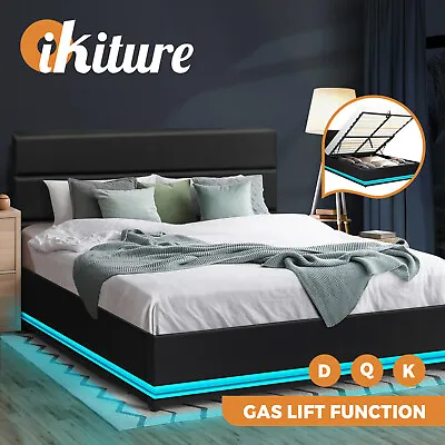 $350.91 • Buy Oikiture Bed Frame Queen Double King Size RGB LED Gas Lift Base With Storage