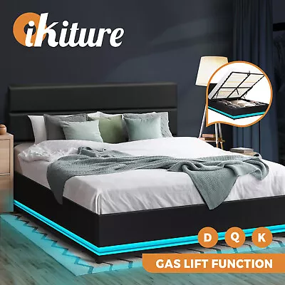 $350.91 • Buy Oikiture Bed Frame Queen Double King Size RGB LED Gas Lift Base With Storage