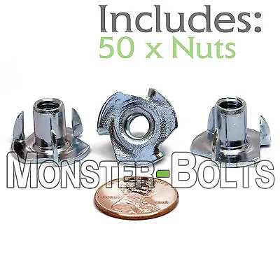 (50) 1/4-20 X 7/16  3-Prong Tee Nuts Straight Barrel Zinc Plated T-Nut Cr+3 RoHS • $10.63