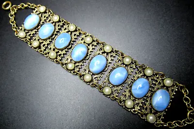 Beautiful Blue Glass Moonstone Faux Pearl Vintage Bracelet • $49.99