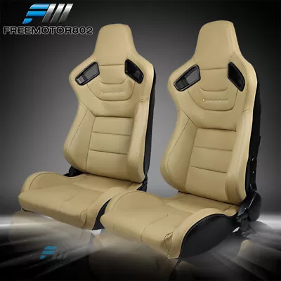 Adjustable Universal Racing Seat Beige PU & Carbon Leather Pair & 2 Dual Sliders • $354.99