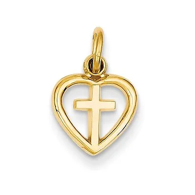 $64.78 • Buy 14k Solid Yellow Gold Small Open Cut-out Heart With Cross Charm Pendant 0.6 Inch