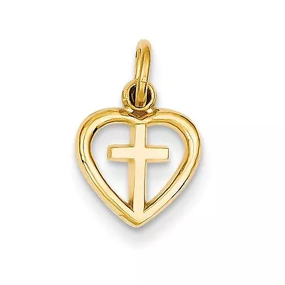 $64.78 • Buy 14k Solid Yellow Gold Small Open Cut-out Heart With Cross Charm Pendant 0.6 Inch