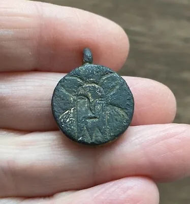 Medieval. 15th Century. Gilt Brass Reliquary Pendant. Engraved Head Of Christ. • £190