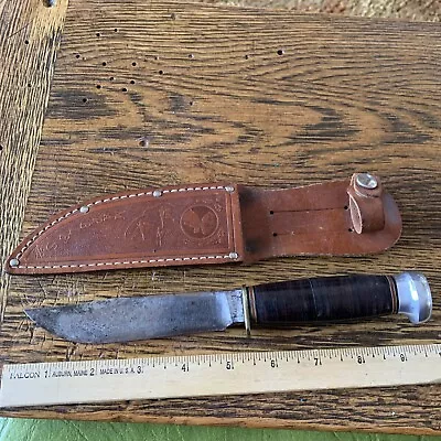 Vintage Marbles Expert Knife Stacked Leather Handle W/Sheath Gladstone MI USA • $165