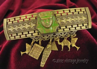 Vintage EGYPTIAN Revival Green Enamel Brass Figural Charm French HAIR BARRETTE • $7.99