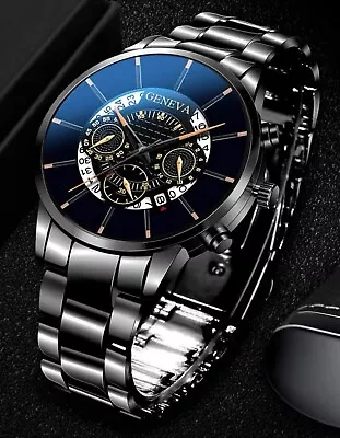 Men's Business Fashion Watch With Stainless Steel Strap  Black Quartz Date UK • £8.99