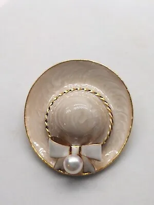 Vintage Hat Cream Swirl Ribbon Faux Pearl Pendant & Brooch Combo Jewelry Gift • $24.71
