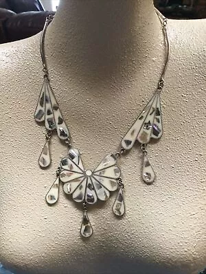 Vintage Mexico Alpaca Silver  Abalone Crescent Moon Necklace Earrings Bracelet • $55