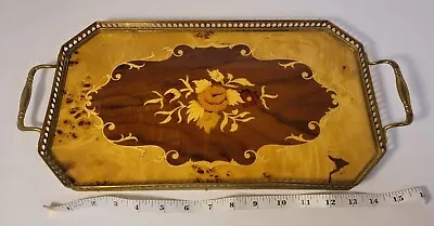 Vintage Marquetry Inlaid Wood Tray W/ Brass Handles Mid Century 21 Italy • $39.99