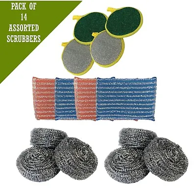 14pc Scourers & Sponge Kitchen Cleaning Set Microfibre Scrubbing Wire Pads Pan • £7.69