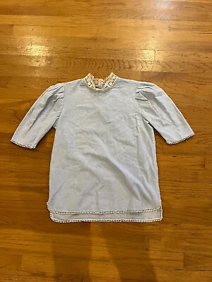 Womens Zara Basic Blue Chambray White Lace Trim Button Blouse Shirt Top Small • $14.99