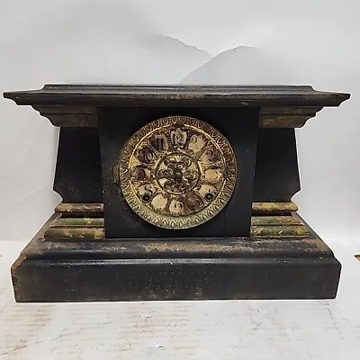 Antique FS Mechanical Windup Spooky Wood Mantle Clock Black Etched Mossy Oak • $142.90