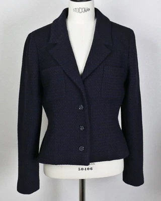 $890 • Buy Chanel Jacket Tweed Camellia Button Navy Vintage Outerwear Women's Size 40