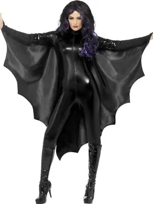 Black Vampire Bat Wings Cape Ladies Adult Womens Halloween Fancy Dress Costume • £12.19