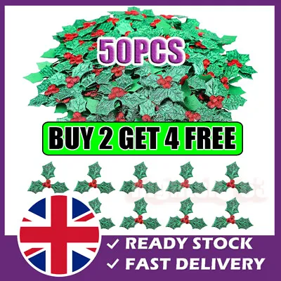 50PCS Christmas Mini Holly & Berry Leaves Embellishments DIY Craft Decorations • £2.44