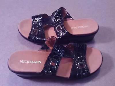Michelle D Wedge Slides Sandals Size 8M Black Croc Print Strap Slip On Open Toe • $9.95