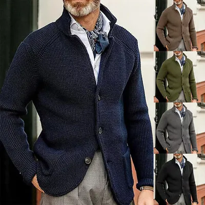 Men Cardigan Sweater Long Sleeve Outwear Mens Knitted Stand Collar Winter • £20.99