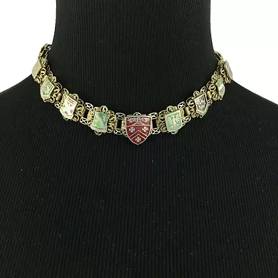 UNIT CREST Book Chain Choker Necklace - 14-15  Vintage 1960s Enamel Coat Of Arms • $35