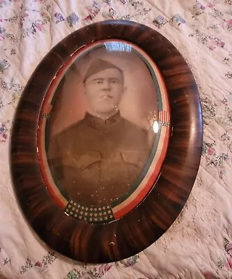 Vintage/  Lg/military /wood Frame/ Bubble Glass/soldier Picture 24 3/4 X 18 1/2  • $125