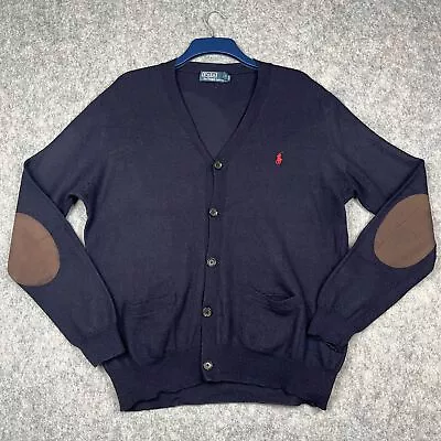 Polo Ralph Lauren Cardigan Mens Large Merino Wool Elbow Patch Jumper Navy Knit • £49.99