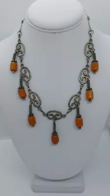 Vintage Silver And Amber Tones Artisan Moroccan Inspired Necklace • $22.99