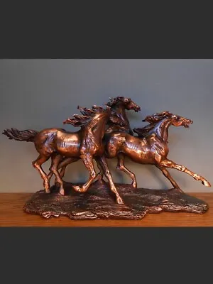 3 Wild Horses Bronze Copper Sculpture Montana Wilderness Mustangs 18 W×10 H • $209.50