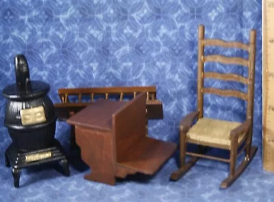 Vtg Mixed LOT Dollhouse Miniature Wood Furniture 1:12 Stove Desk Chair Shelf • $18.99