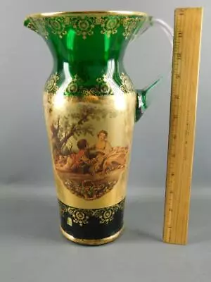 Vintage Venetian Green Glass Gilded Figural Courting Couple Scene Water Pitcher • $395