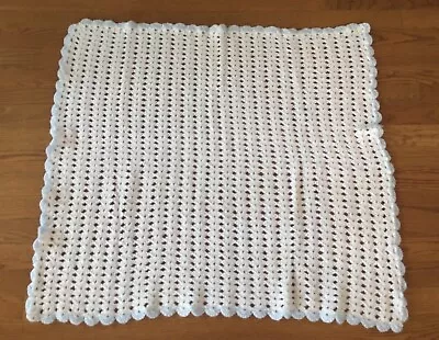 Handmade Vintage Crocheted Baby Blanket White W/Blue Trim Afghan 31x33 • $18