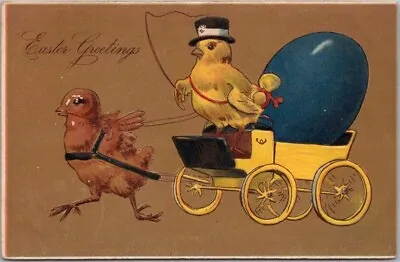 Vintage 1910s EASTER Embossed Postcard Brown Chick Pulling Yellow Chick In Cart • $5.25