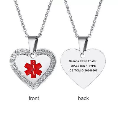 Men Women Medical Alert ID Necklace Pendant Crystal Heart Customized Engraving • $12.99