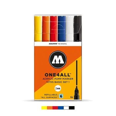 Molotow ONE4ALL 127HS Basic Set 1 (2mm) 6 Acrylic Paint Markers Graffiti Art • $29.95