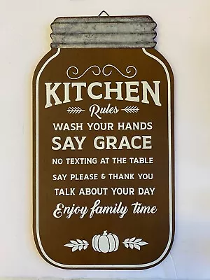 Kitchen Rules Sign Farmhouse Decor  13.5  X 7.5  Mason Jar Shaped Fall Decor • $12.99